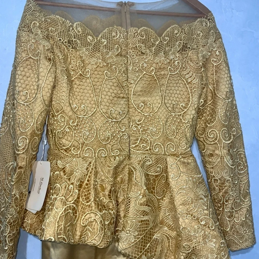 TS Couture Mustard Yellow Lace Long Sleeve Peplum Satin Mermaid Formal Gown NWT
